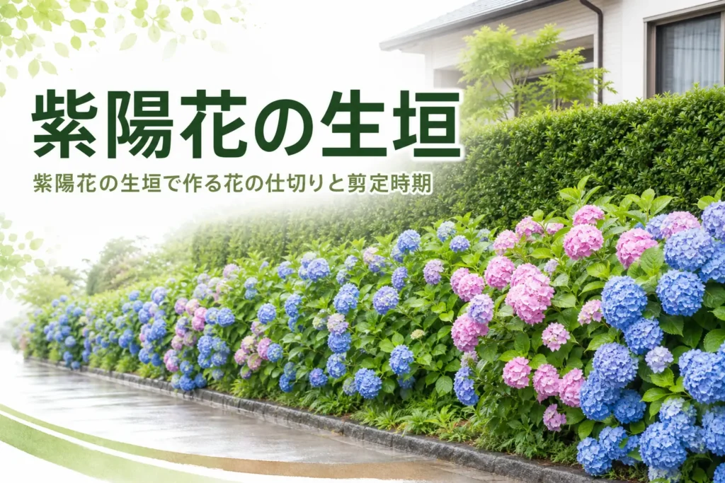 花の仕切りの作り方と剪定時期を紹介する紫陽花の生垣の記事のアイキャッチ