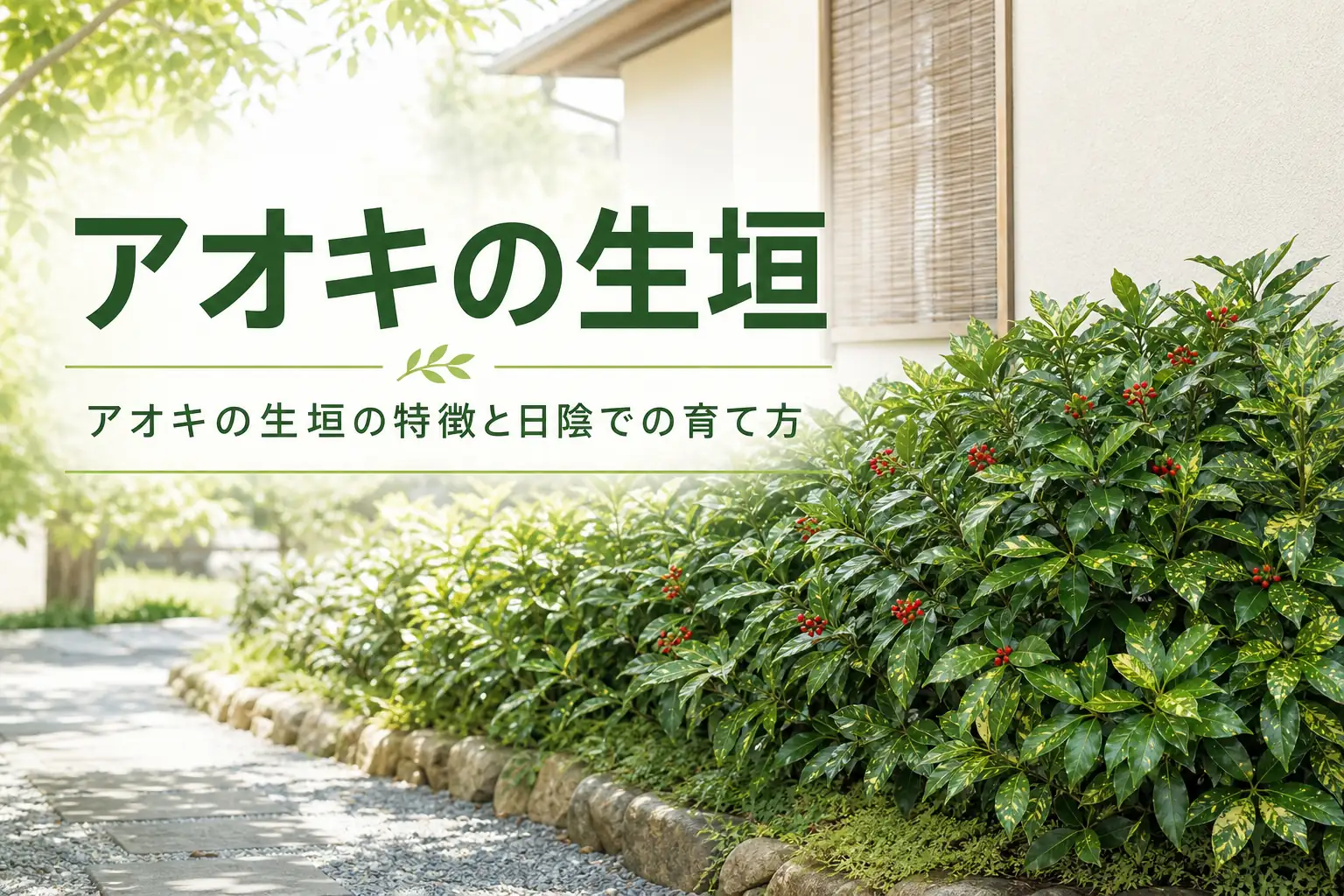 アオキの生垣の特徴と日陰での育て方を解説する記事のアイキャッチ
