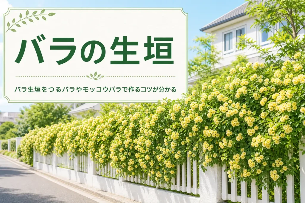 バラの生垣をつるバラやモッコウバラで作る方法と手入れを解説する記事のアイキャッチ