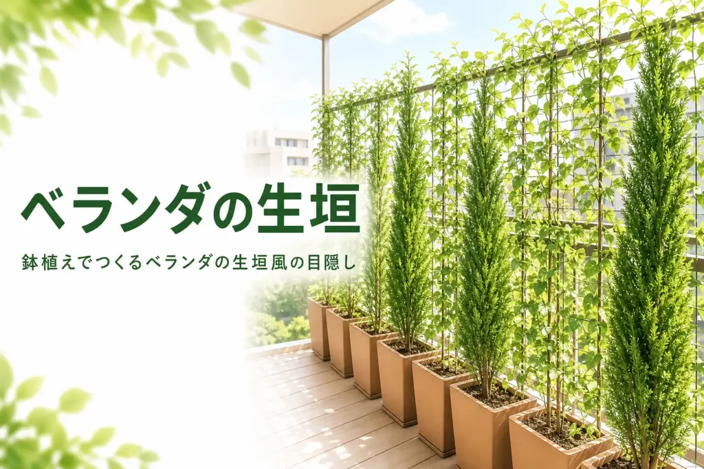 ベランダで鉢植えの木を並べてつくる生垣風の目隠しを解説する記事のアイキャッチ
