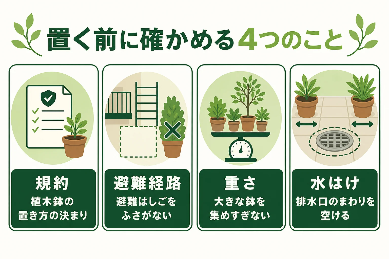 ベランダで生垣風の目隠しをつくる前に確かめる、規約・避難経路・重さ・水はけの4点を示した図解