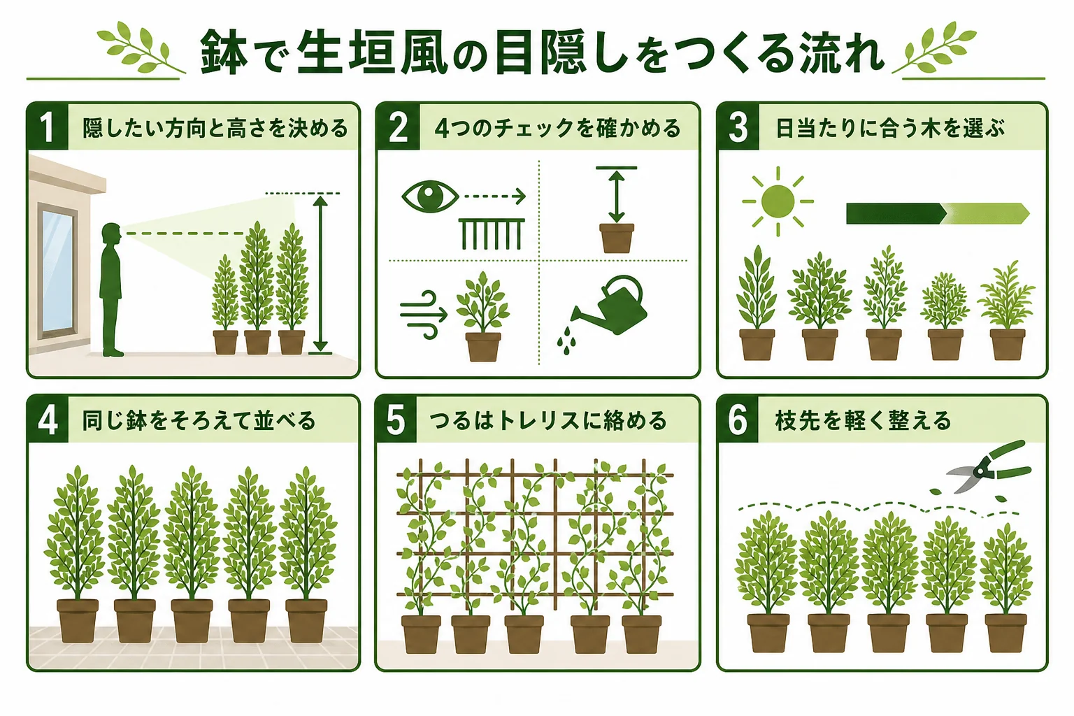 ベランダに鉢植えの木を並べて生垣風の目隠しをつくる流れを、隠す高さの決定から整えるまで示した図解