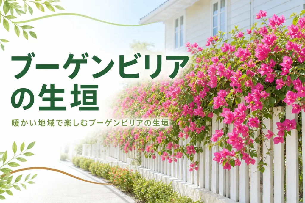 暖かい地域でフェンスに誘引したブーゲンビリアの生垣の楽しみ方を紹介する記事のアイキャッチ