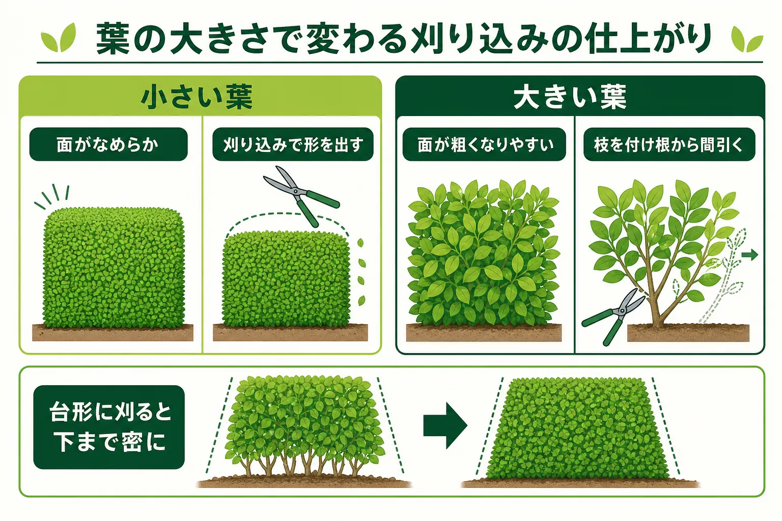 葉の大きさごとに、刈り込んだ後の生垣の面の細かさと、向く剪定のしかたの違いを示した図解