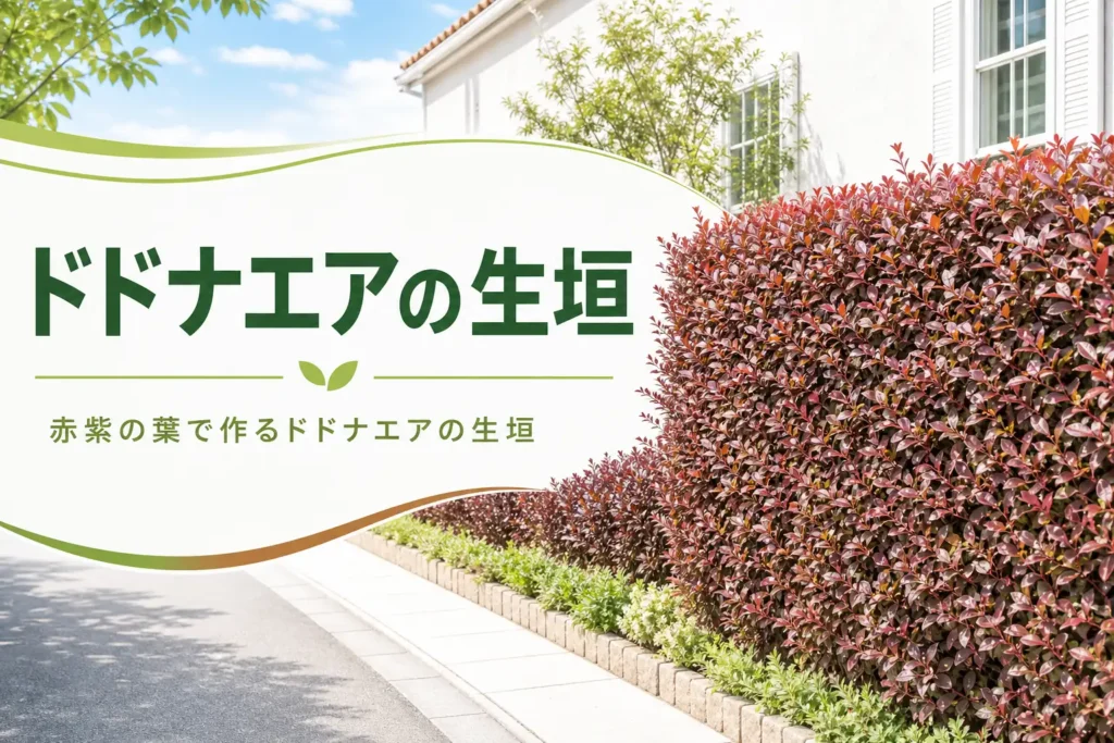 赤紫の葉で作るドドナエアの生垣の特徴と手入れを紹介する記事のアイキャッチ