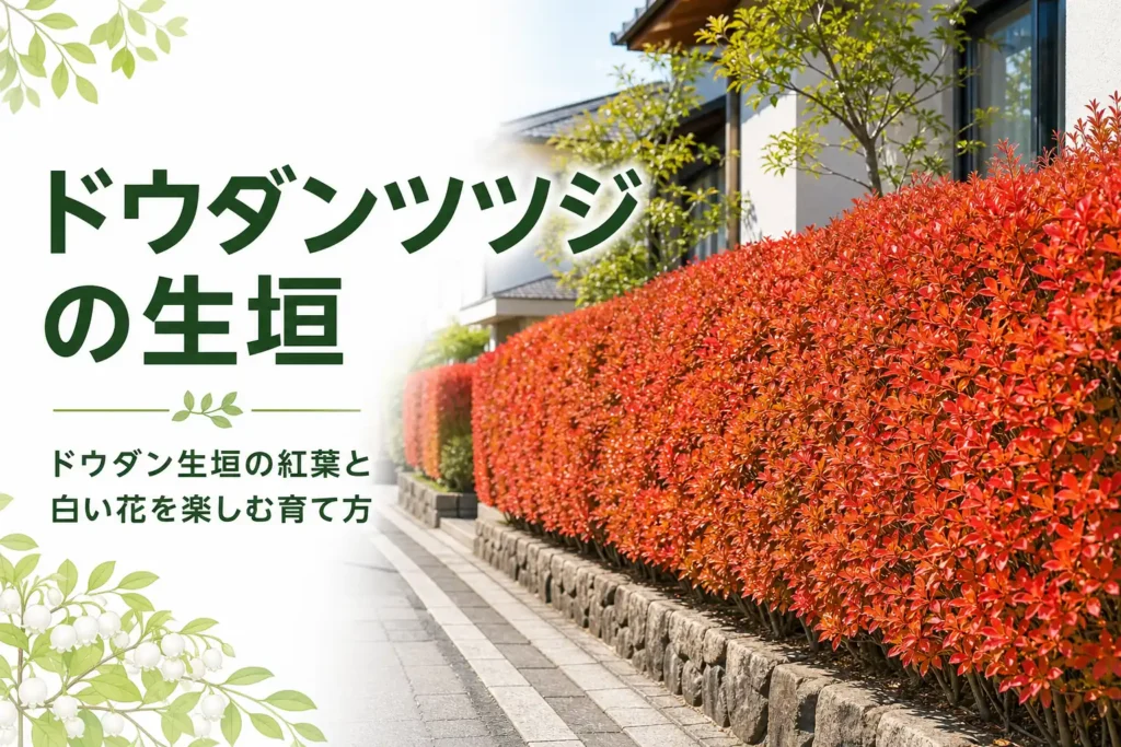 ドウダンツツジの生垣の紅葉と白い花の楽しみ方、育て方を解説する記事のアイキャッチ
