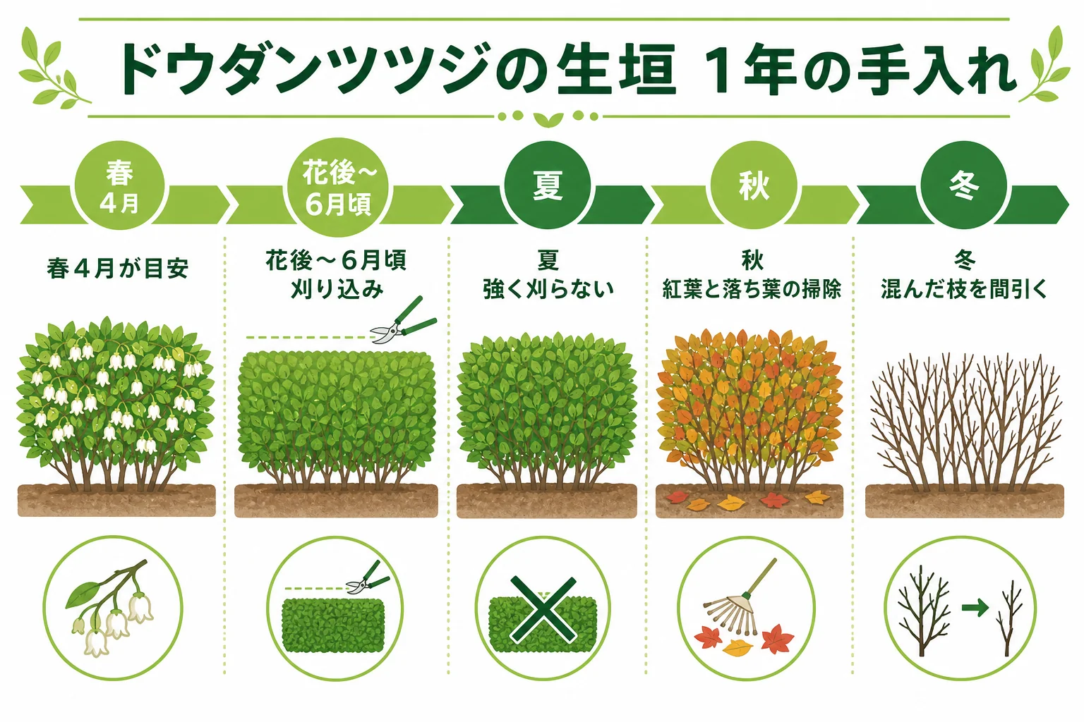 ドウダンツツジの生垣の1年の手入れを、春の花・初夏の剪定・秋の紅葉・冬の間引きに分けて示した年間カレンダーの図解