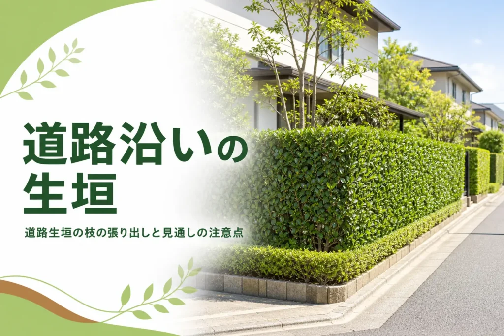 道路沿いの生垣で枝の張り出しと見通しに気をつけることを解説する記事のアイキャッチ