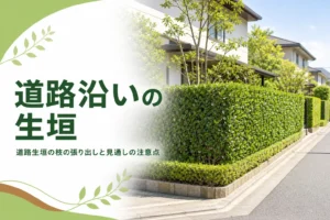 道路沿いの生垣で枝の張り出しと見通しに気をつけることを解説する記事のアイキャッチ