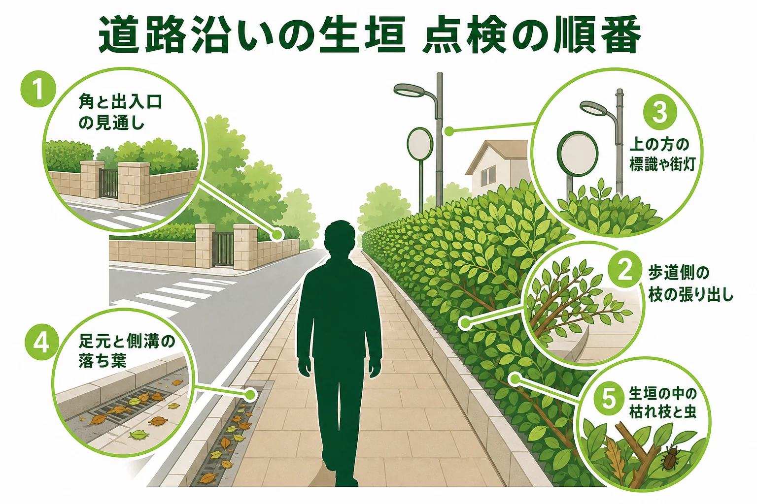 道路沿いの生垣の点検を、角と出入口・歩道側の面・上の方・足元と側溝・生垣の中の5か所に分け、見る順番を示した図解