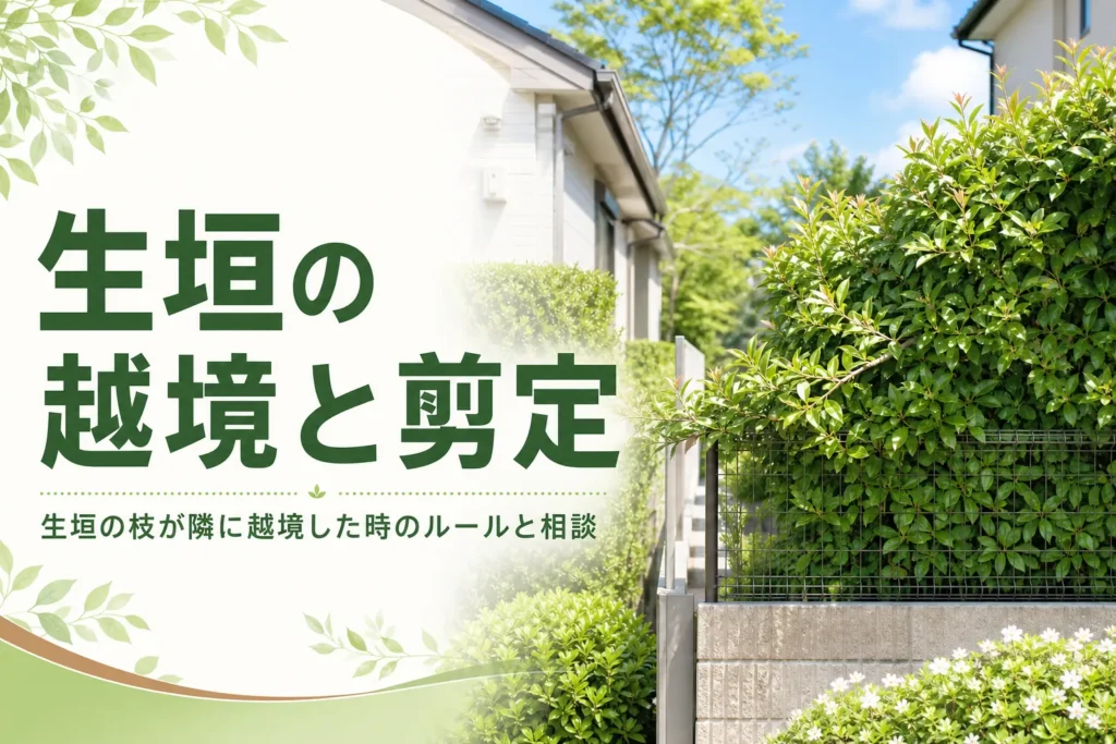 生垣の枝が隣に越境した時の民法のルールと剪定の相談を解説する記事のアイキャッチ