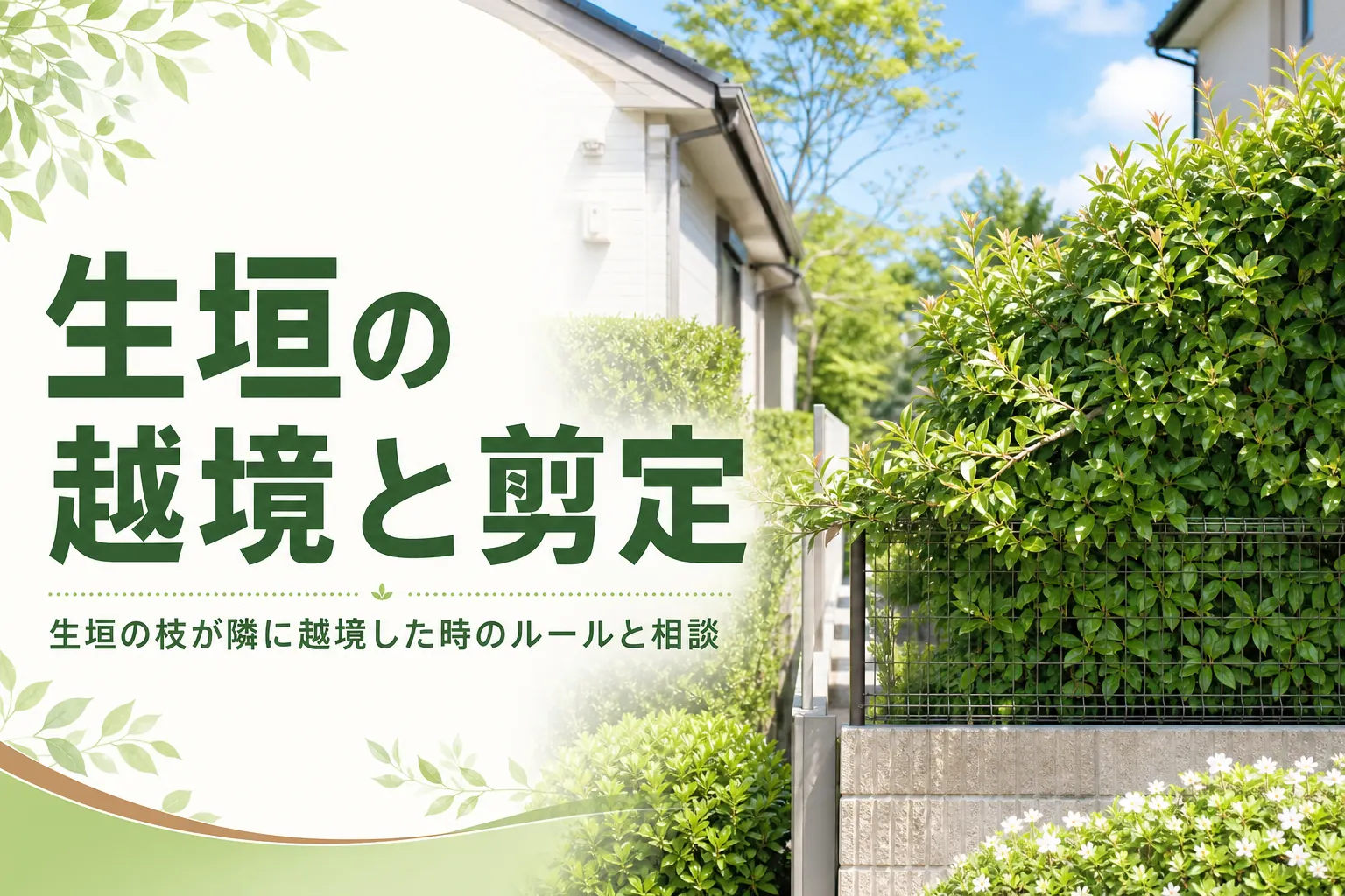 生垣の枝が隣に越境した時の民法のルールと剪定の相談を解説する記事のアイキャッチ