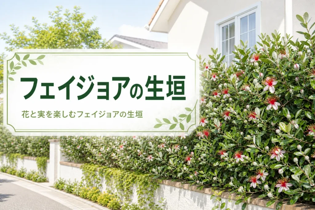 花と実を楽しむフェイジョアの生垣の特徴と育て方を紹介する記事のアイキャッチ