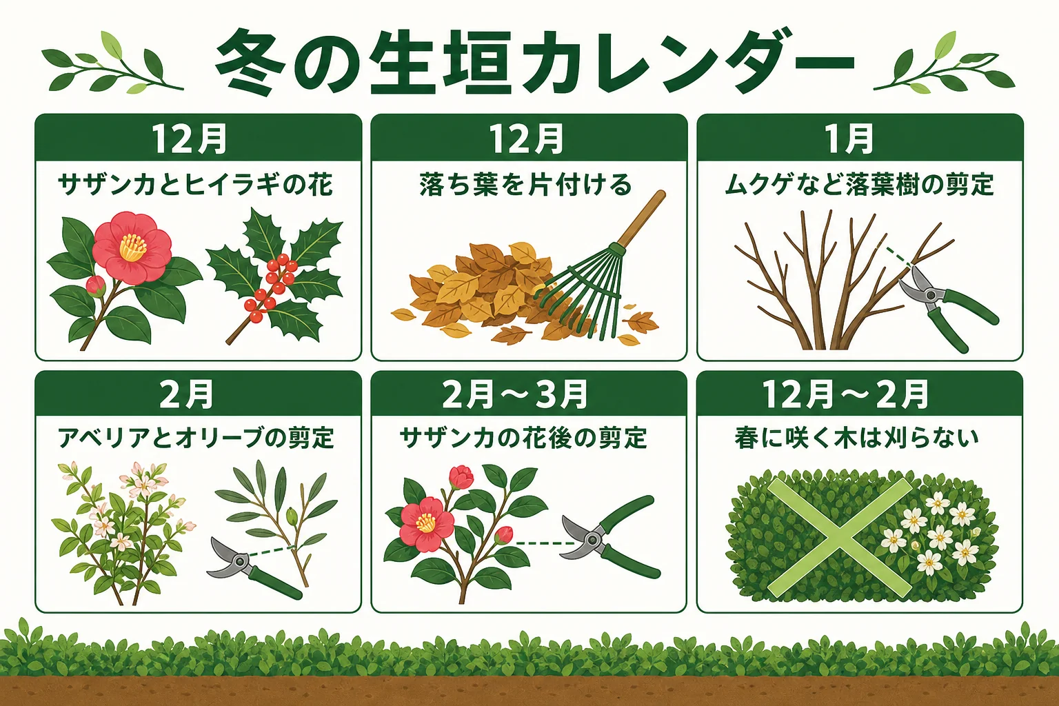 冬の生垣の手入れを12月・1月・2月の月ごとに、やることと控えたいことで示したカレンダーの図解