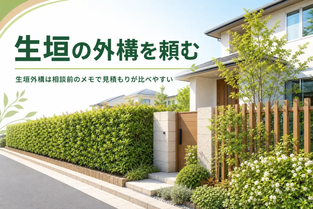 生垣を外構業者に頼む時の相談の流れと見積もりの比べ方を解説する記事のアイキャッチ