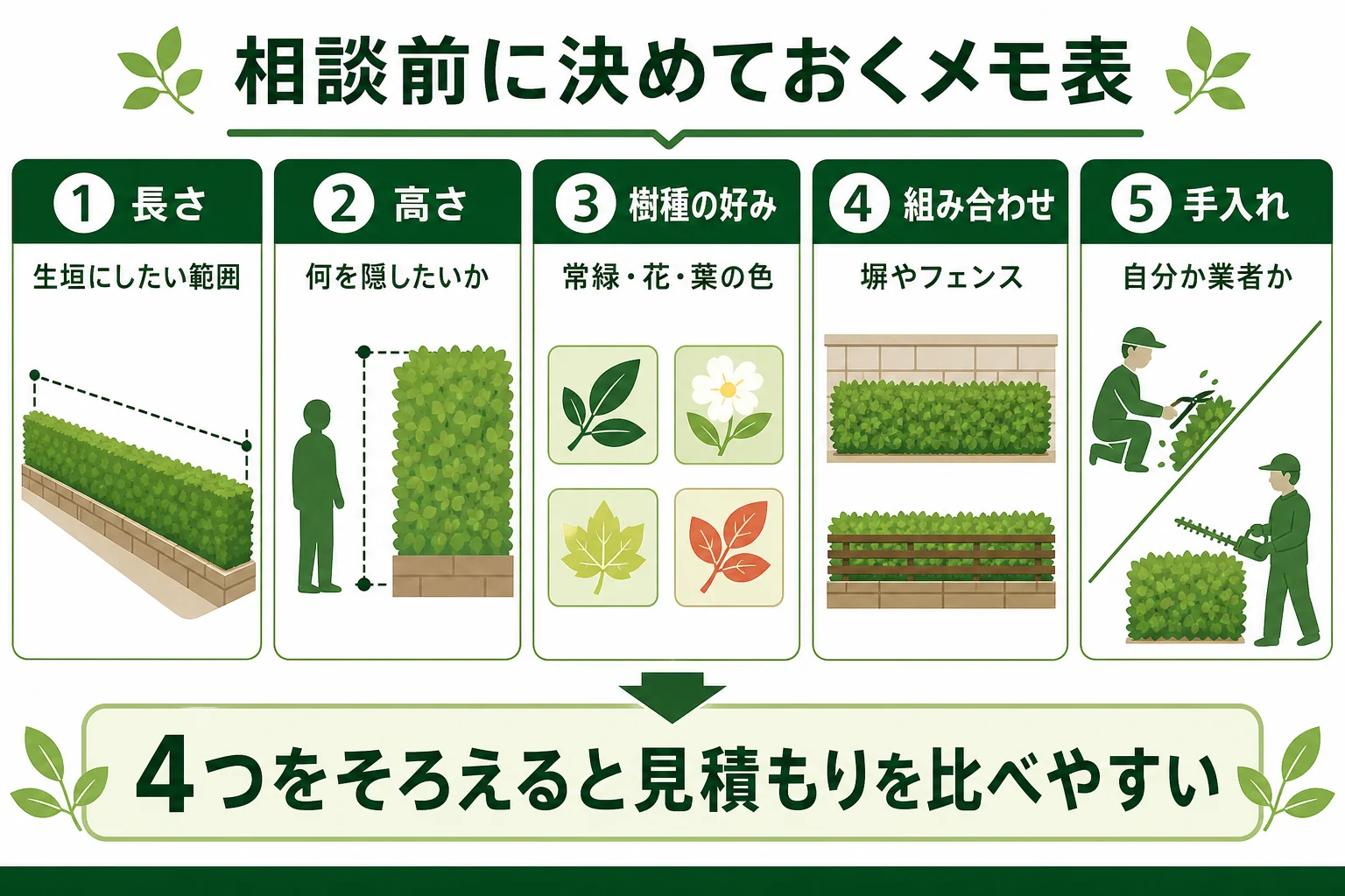 生垣の外構を相談する前に決めておく、長さ・高さ・樹種の好み・塀やフェンスとの組み合わせのメモ表を示した図解