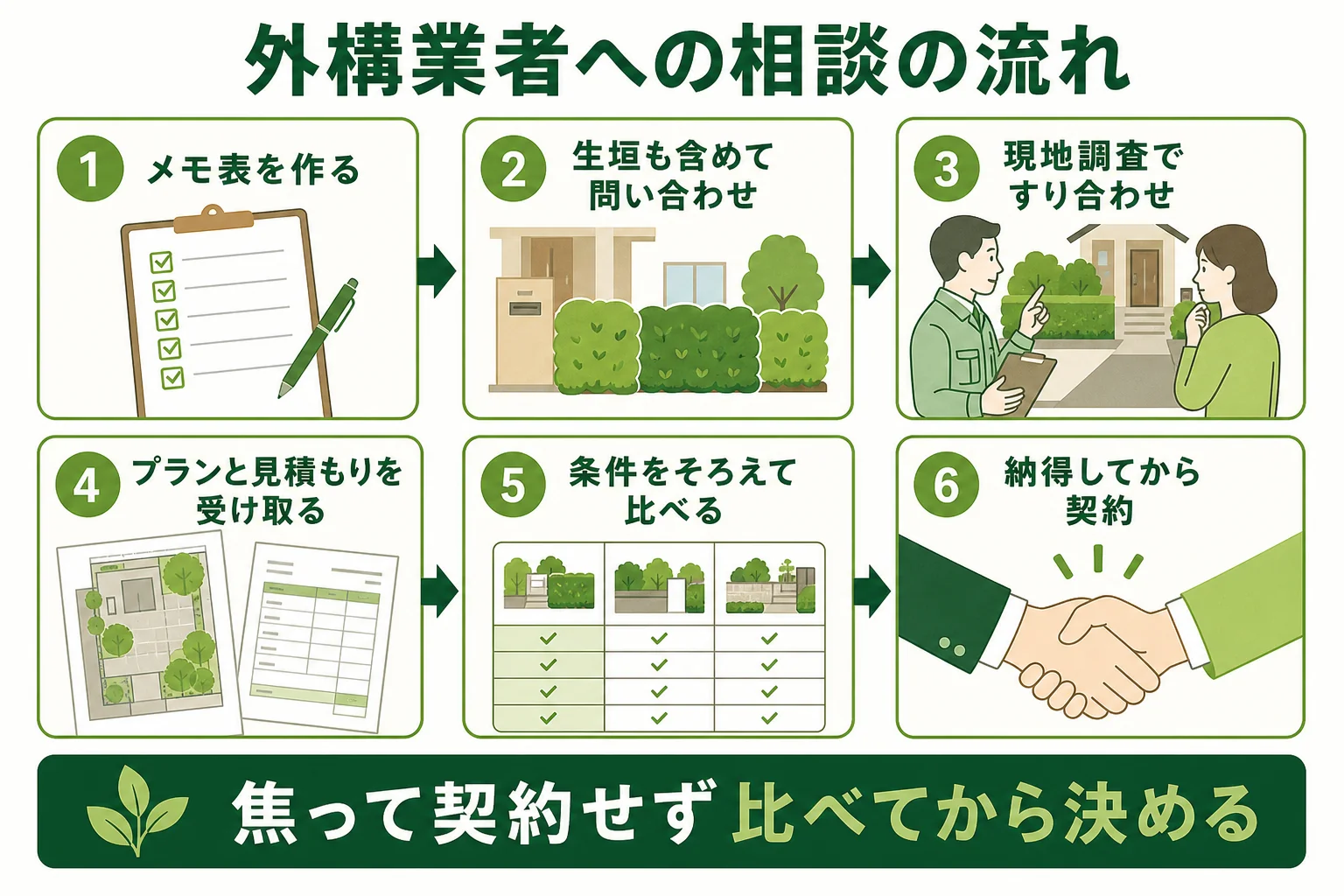 外構業者に生垣を相談する流れを、メモ作り・問い合わせ・現地調査・プランと見積もり・比較・契約の順に示した図解