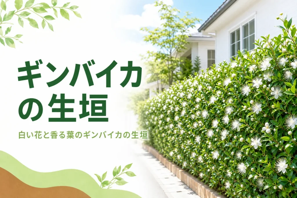 白い花と香る葉を楽しむギンバイカ（マートル）の生垣の特徴を解説する記事のアイキャッチ
