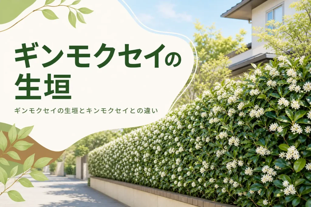 白い花が咲くギンモクセイの生垣の特徴とキンモクセイとの違いを紹介する記事のアイキャッチ