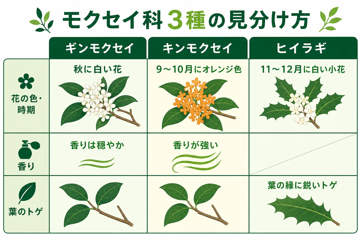 ギンモクセイ・キンモクセイ・ヒイラギの違いを、花の色・花の時期・香り・葉の特徴で比べた図解