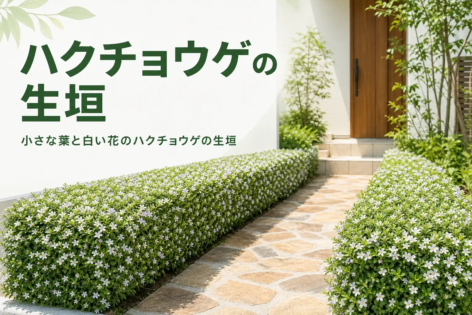 小さな葉と白い花のハクチョウゲで作る低い生垣の特徴を解説する記事のアイキャッチ
