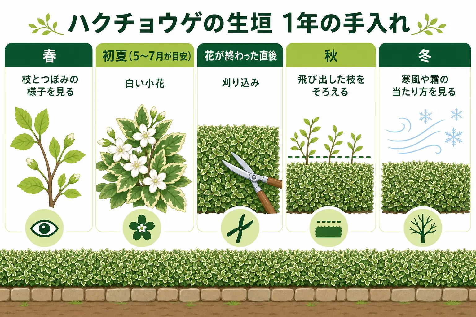 ハクチョウゲの生垣の1年を、春の芽吹き、初夏の白い小花、花後の刈り込み、冬の寒さ対策の順に並べたカレンダーの図解