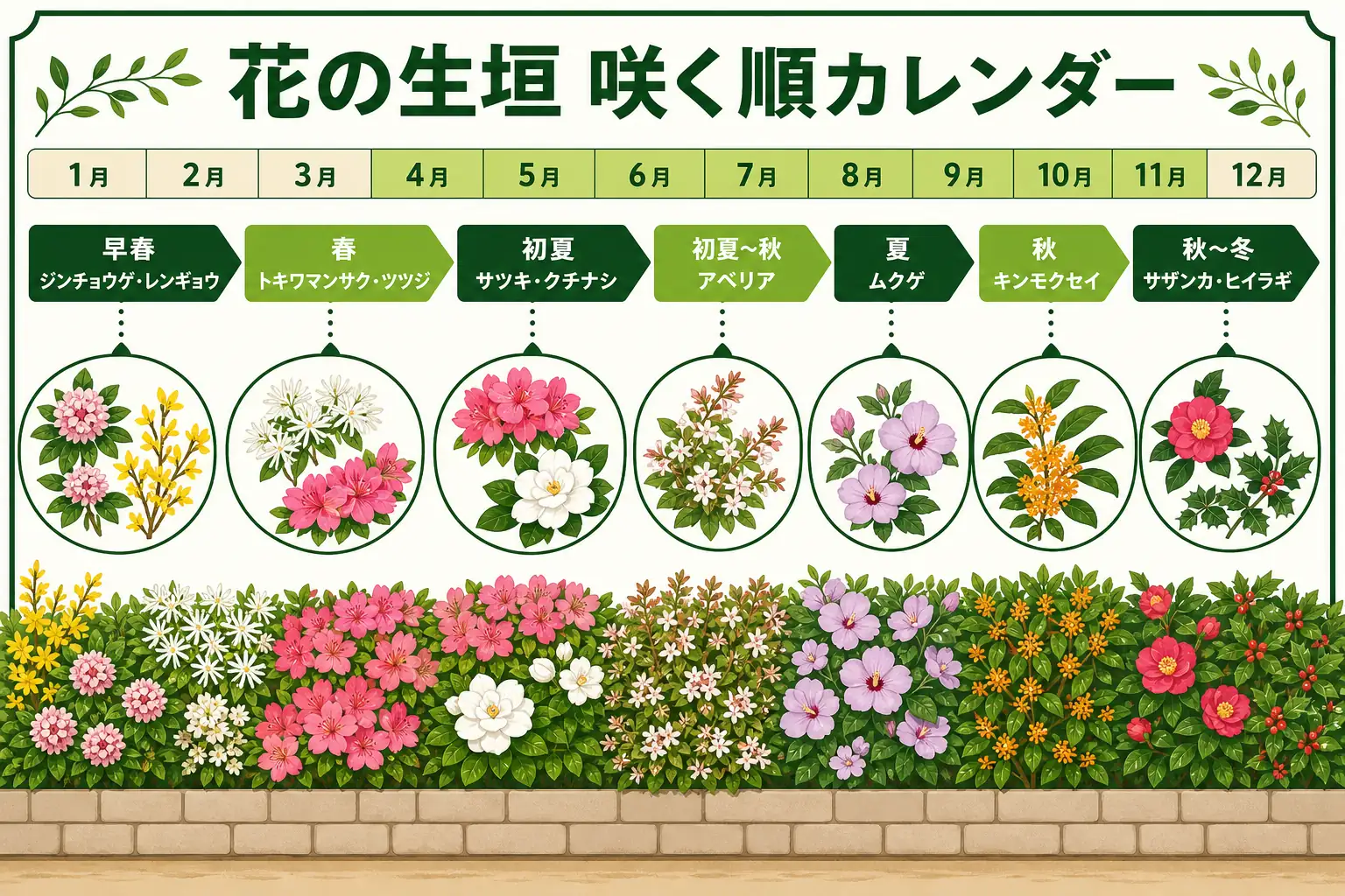 花の生垣に使われる木を、早春から冬まで咲く順に月ごとに並べたカレンダーの図解