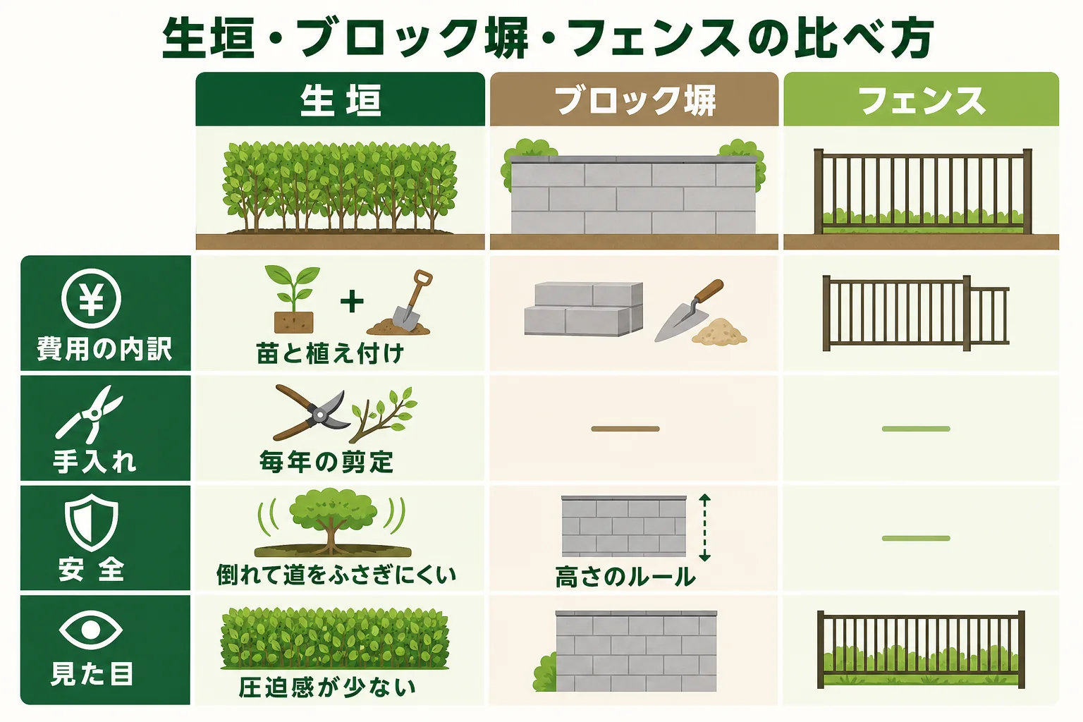 生垣・ブロック塀・フェンスを、費用の内訳・手入れ・安全・見た目の4つの軸で比べた図解