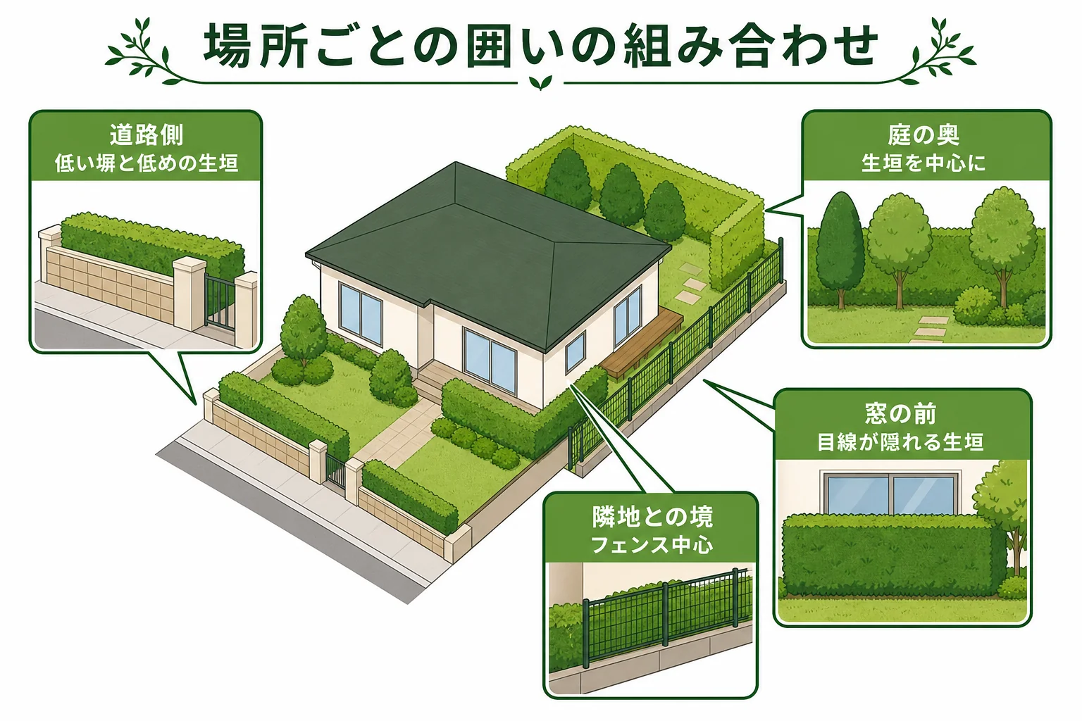 道路側・隣地との境・窓の前・庭の奥の場所ごとに、塀・フェンス・生垣の組み合わせ方を示した図解