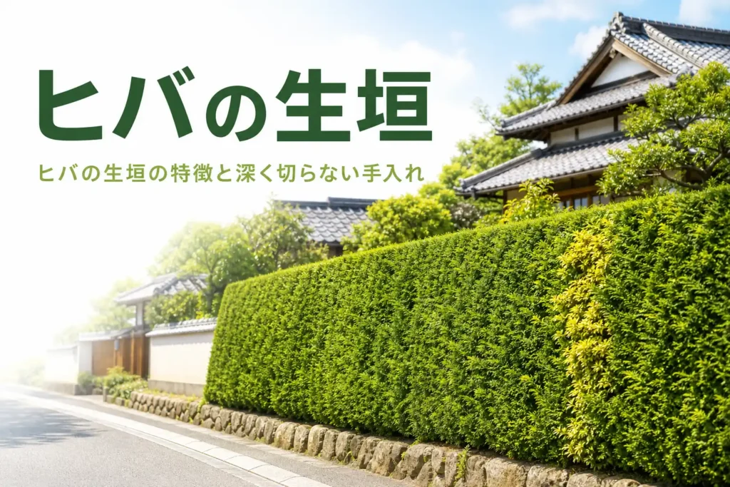 ヒバの生垣の特徴と手入れのコツを紹介する記事のアイキャッチ