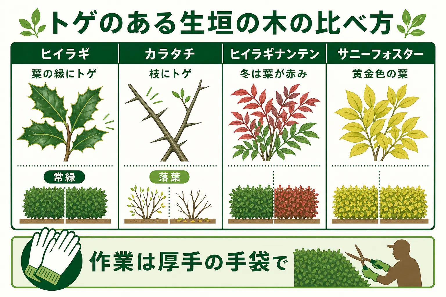 ヒイラギ・カラタチ・ヒイラギナンテン・サニーフォスターのトゲの特徴と、生垣での向く場所を比べた図解