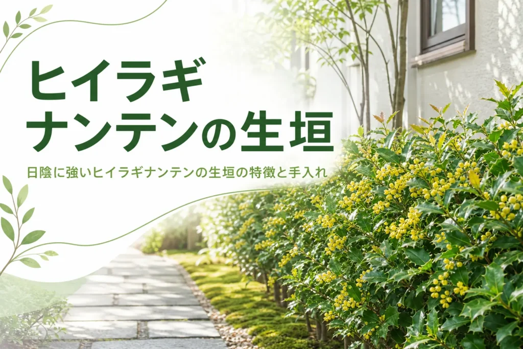 日陰に強いヒイラギナンテンの生垣の特徴と手入れを解説する記事のアイキャッチ
