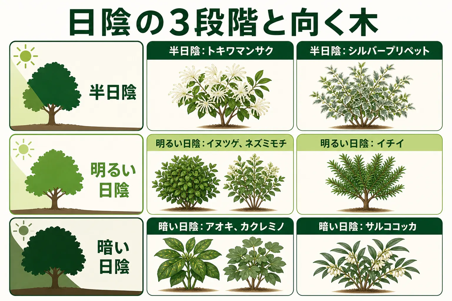 日陰を半日陰・明るい日陰・一日中暗い日陰の3段階に分けて、それぞれに向く生垣の木を示した図解