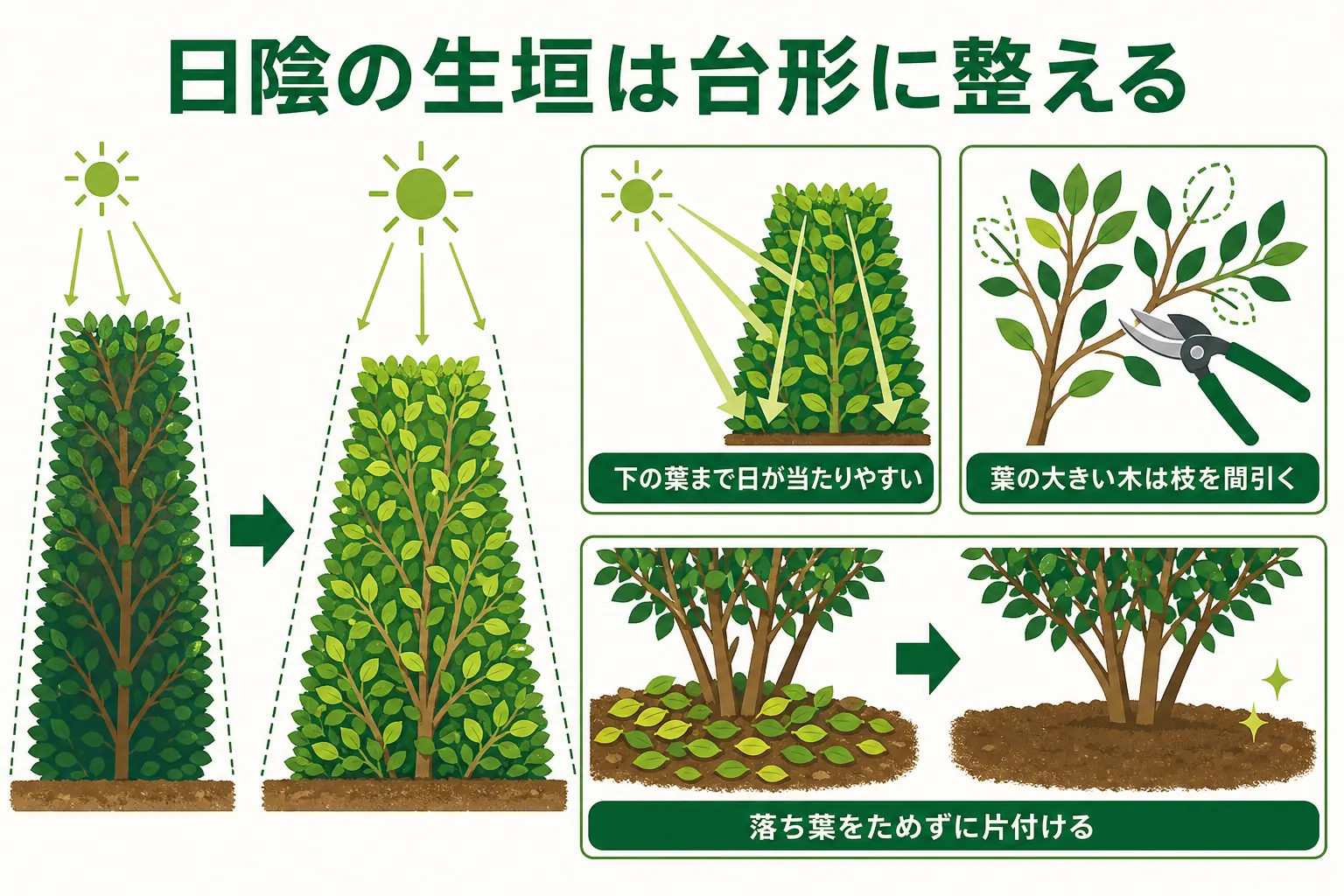 日陰の生垣を、上を狭く下を広くした台形に刈り込むと下の葉まで光が届きやすいことを示した図解