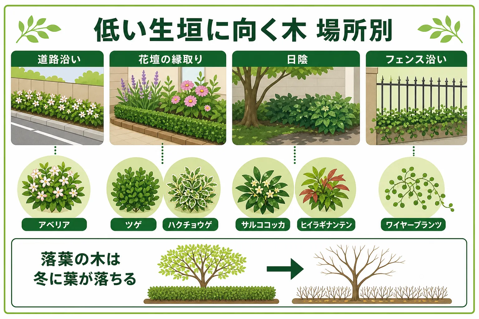 道路沿い・縁取り・日陰・フェンス沿いなど場所ごとに、低い生垣に向く木を並べて特徴を示した図解