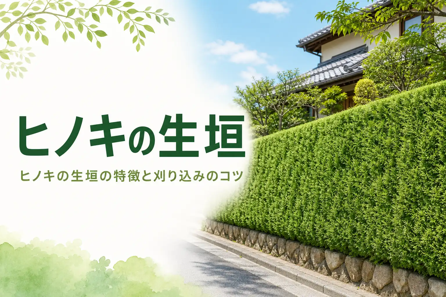 ヒノキの生垣の特徴と、深く切りすぎない刈り込みのコツを解説する記事のアイキャッチ