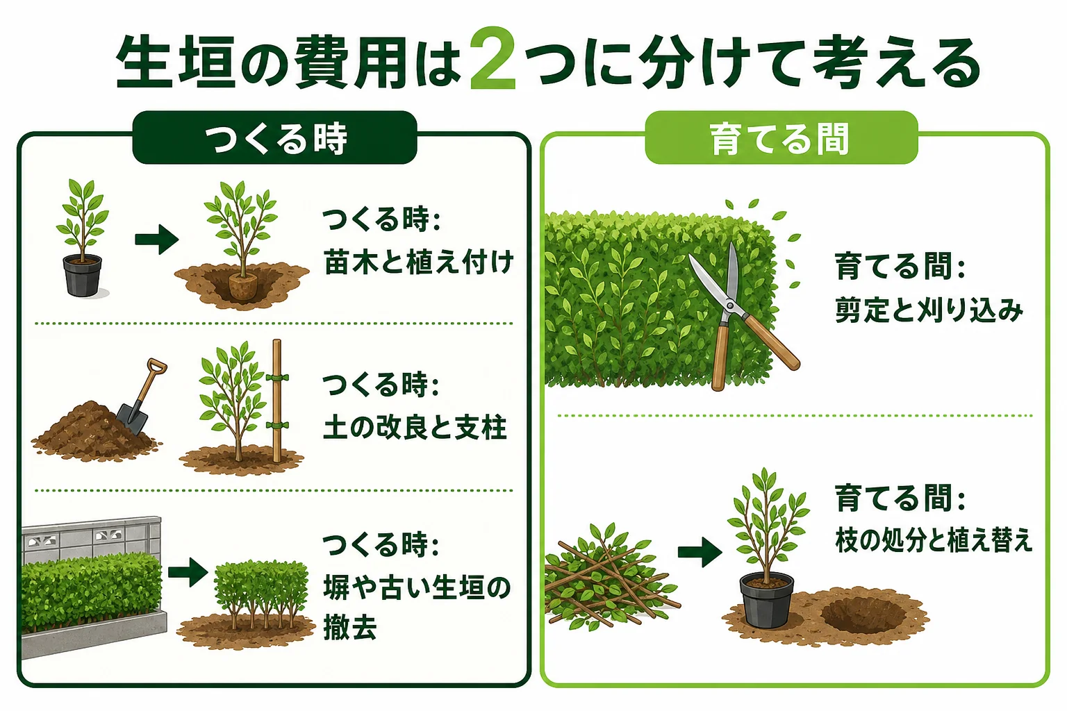 生垣の費用を、つくる時の苗・土・植え付け・撤去と、育てる間の剪定・処分・植え替えの2つに分けて示した図解