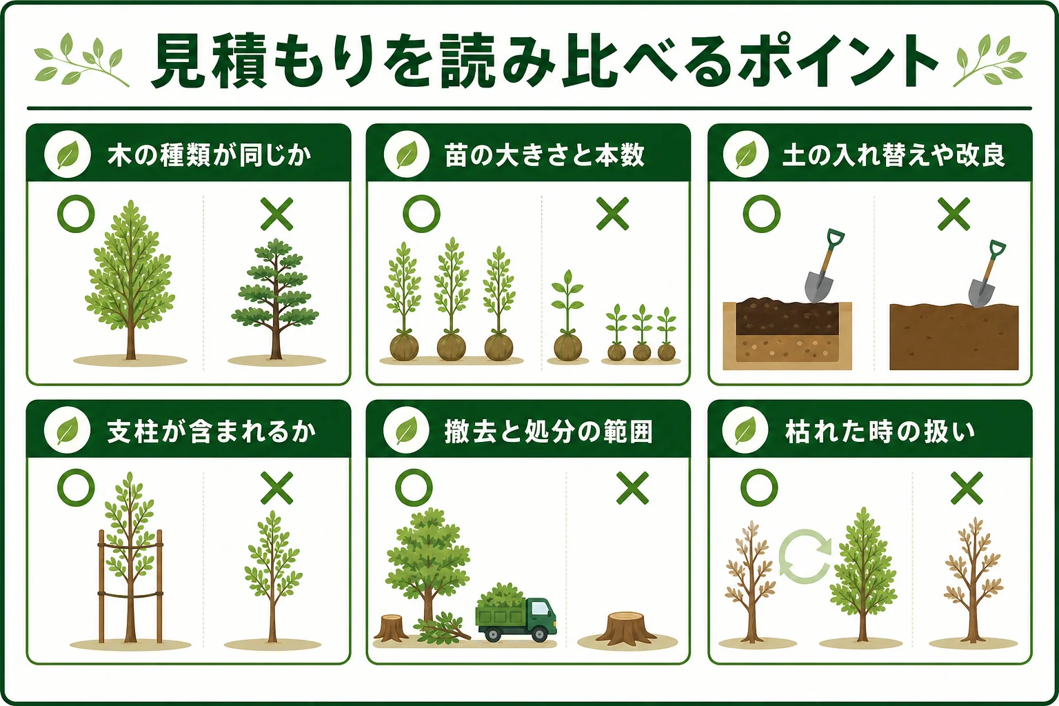 生垣の見積もりを読み比べる時の確認項目を、木の種類・苗の大きさと本数・土・支柱・撤去と処分・枯れた時の扱いで示した図解