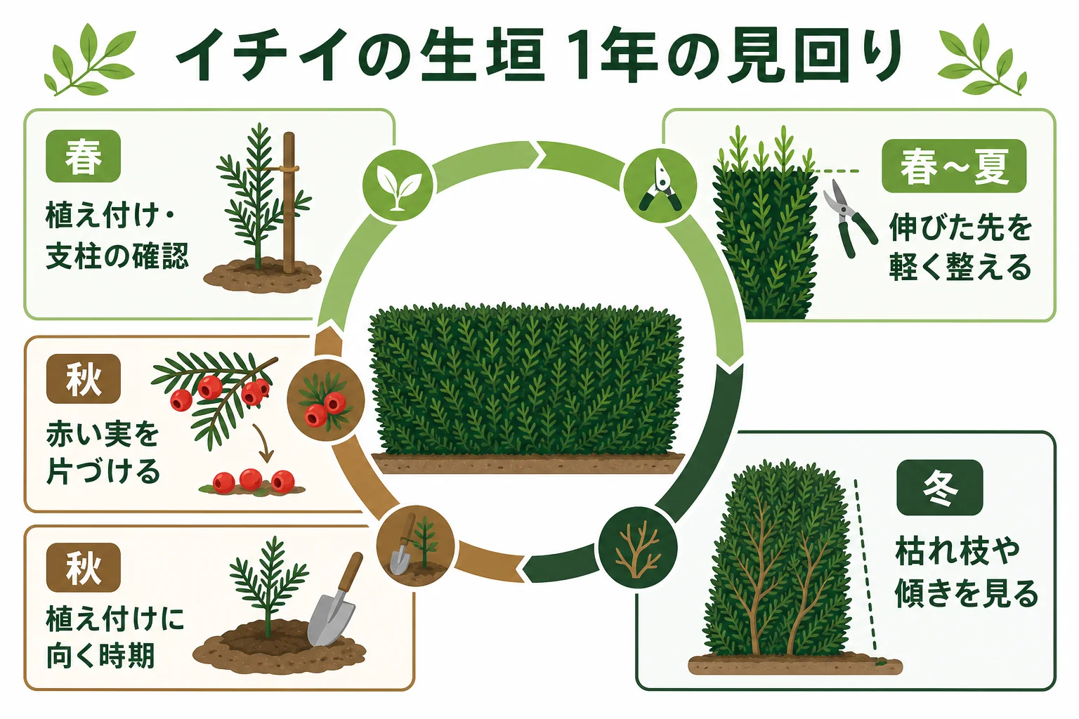 イチイの生垣の1年の見回りを、春の植え付け、伸びた先を整える時期、秋の赤い実への気配り、冬の見回りに分けたカレンダーの図解