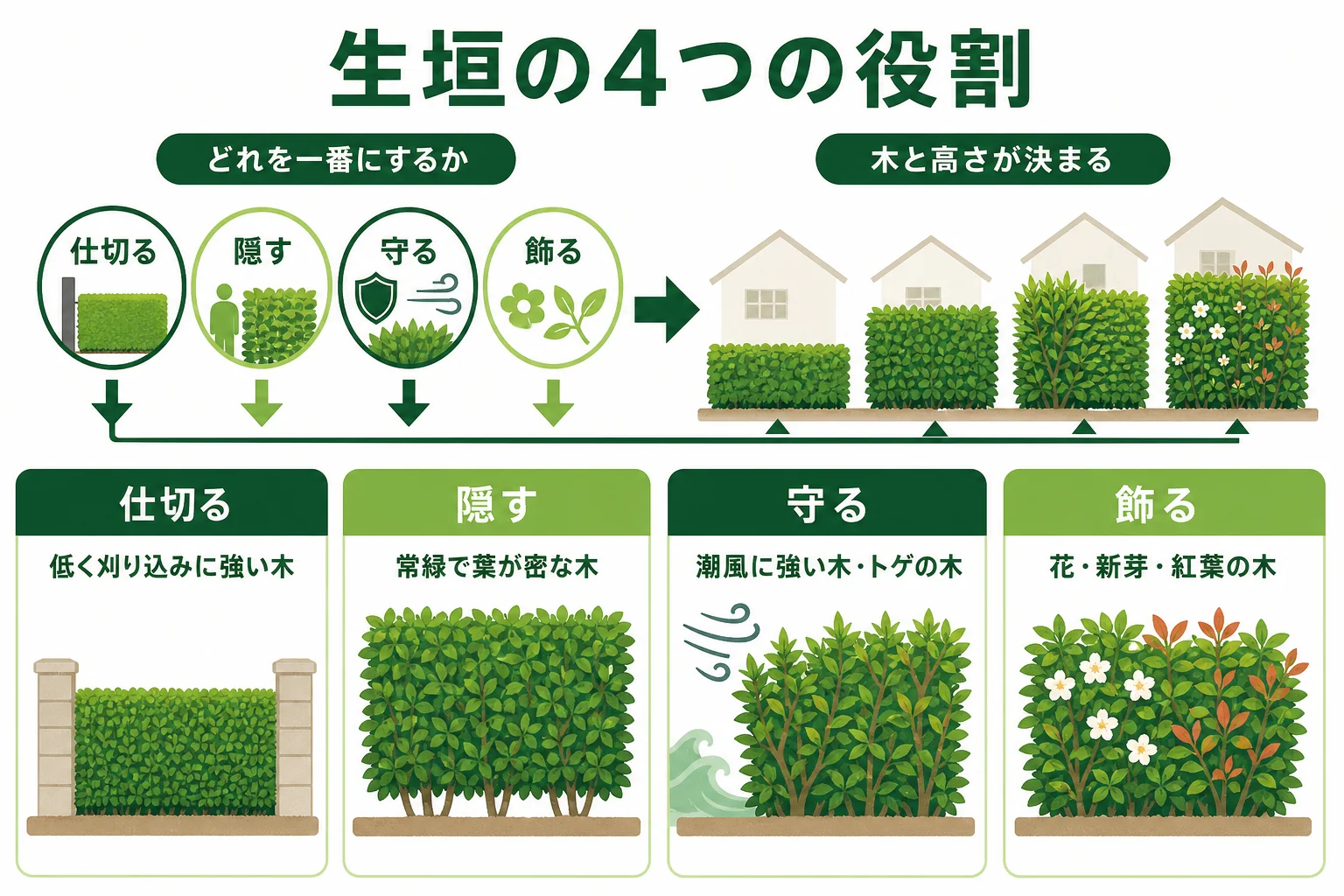 生垣の役割を仕切る・隠す・守る・飾るの4つに分け、それぞれに向く木の特徴を示した図解