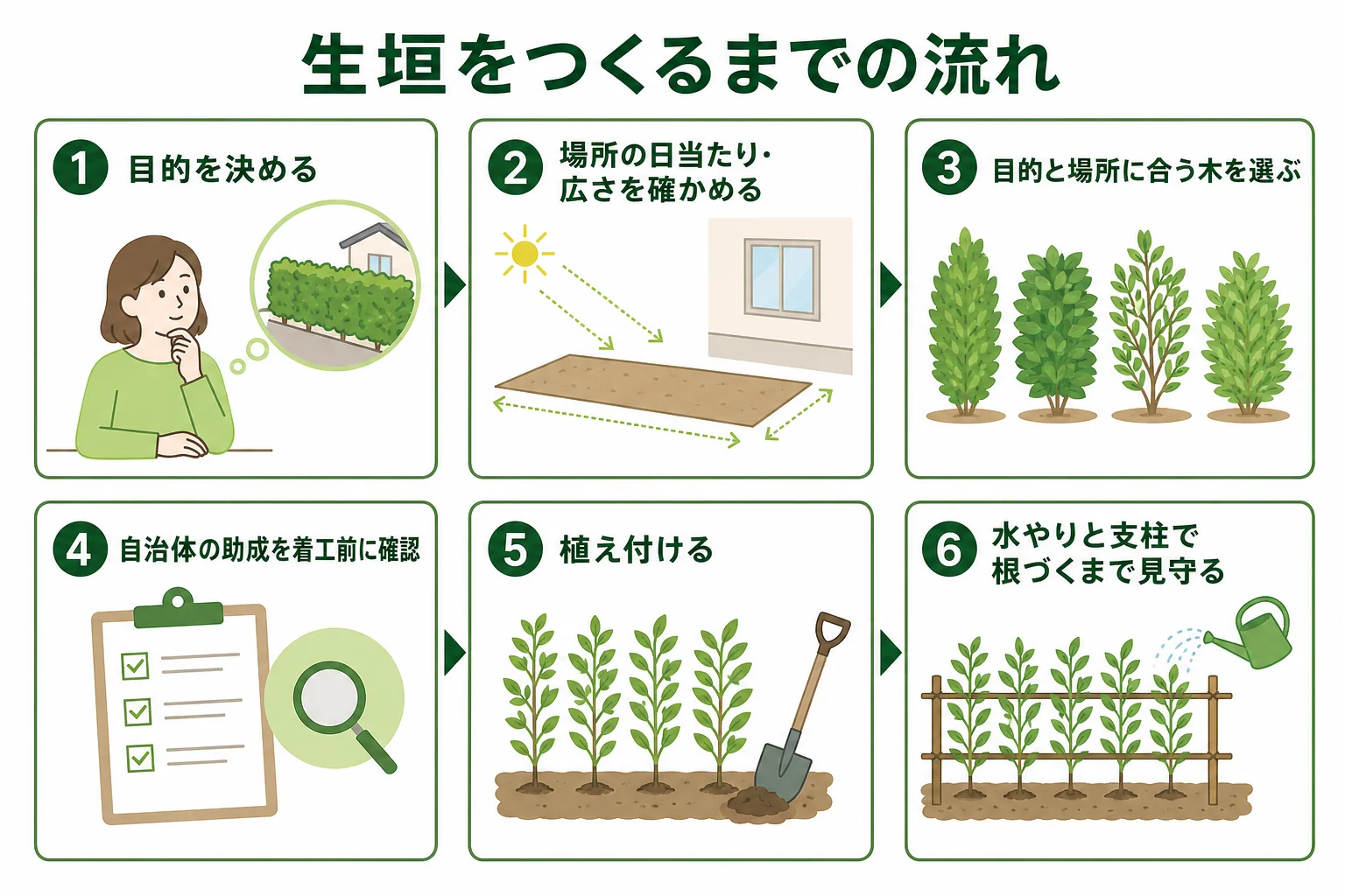 生垣をつくるまでの流れを、目的を決める・場所を確かめる・木を選ぶ・助成を確かめる・植える・見守るの順に示した図解