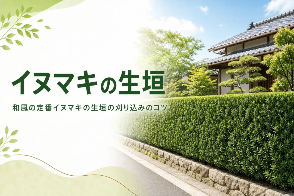和風の定番であるイヌマキの生垣の特徴と刈り込みのコツを解説する記事のアイキャッチ
