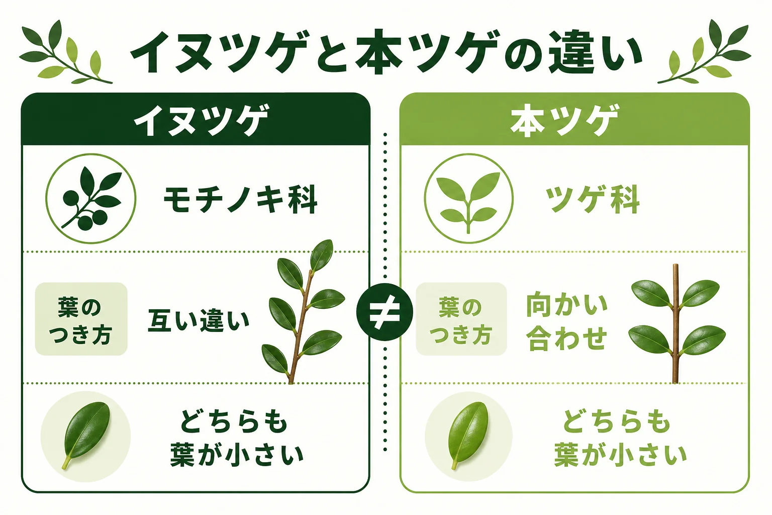 イヌツゲと本ツゲの違いを、仲間・葉のつき方・使われ方で比べた図解