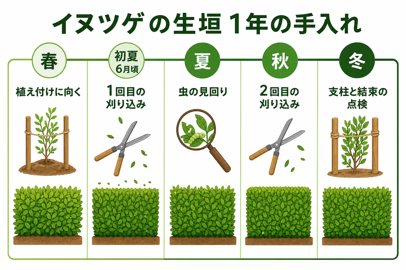 イヌツゲの生垣の1年の手入れを、春・初夏・夏・秋・冬に分けて示した年間カレンダーの図解