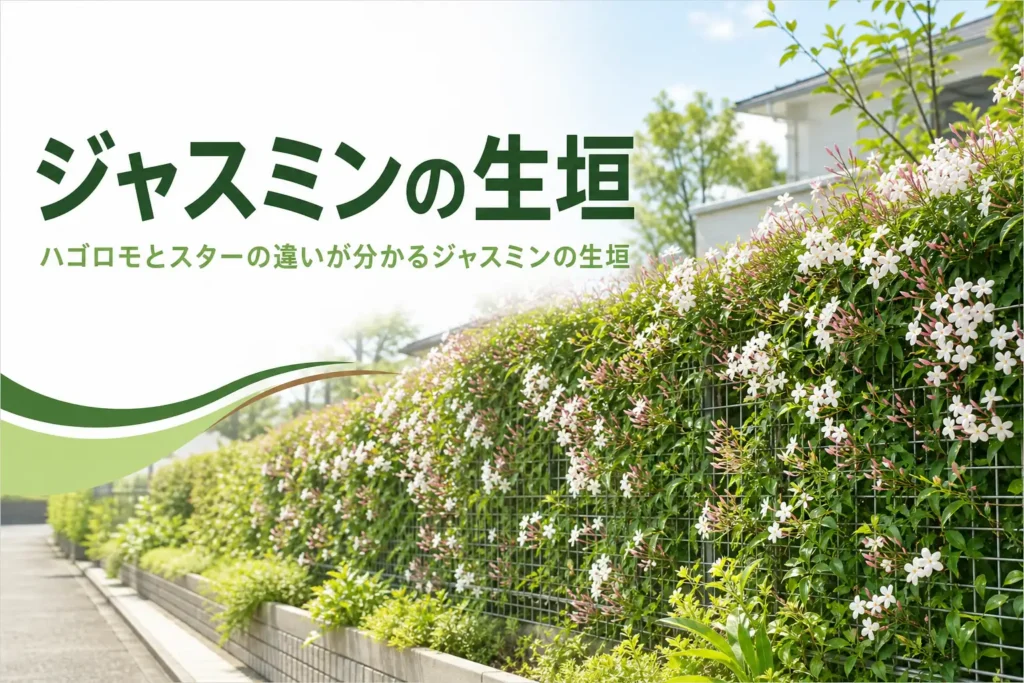ハゴロモジャスミンとスタージャスミンの違いと、ジャスミンの生垣の仕立て方を紹介する記事のアイキャッチ