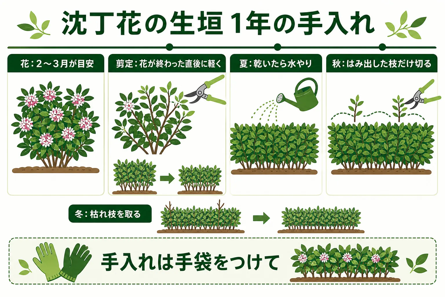 沈丁花の生垣の1年の手入れを、早春の花・花後の剪定・夏の水やり・秋冬の見回りの順に並べたカレンダーの図解