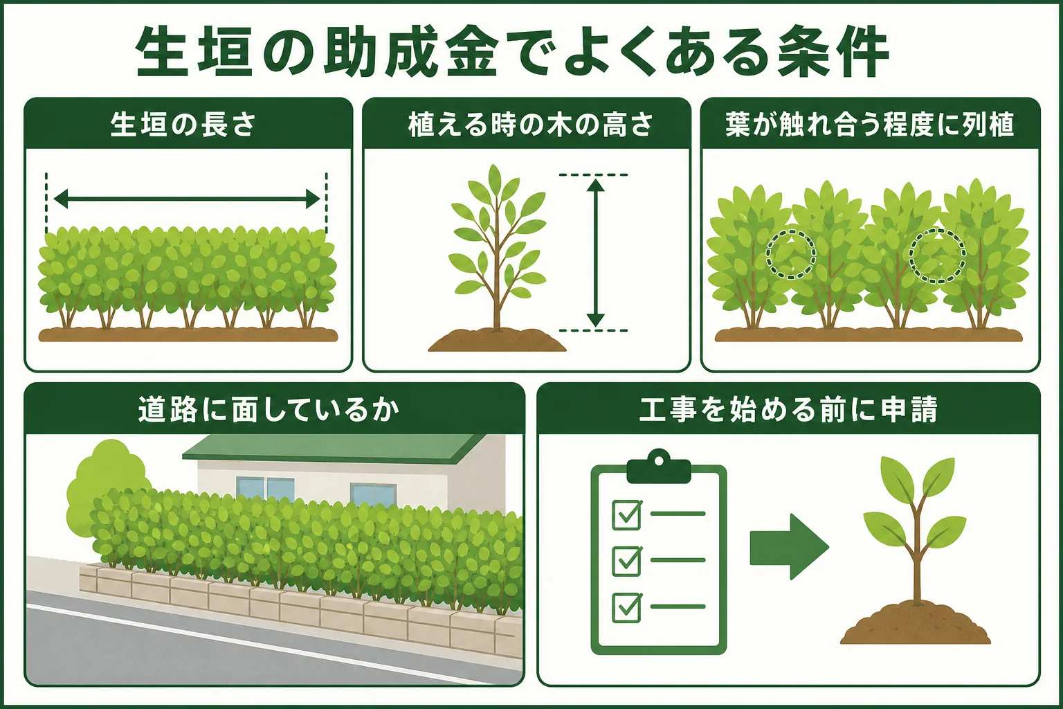 生垣の助成金でよくある条件を、長さ・木の高さ・植え方・道路に面するか・着工前の申請に分けて示した図解