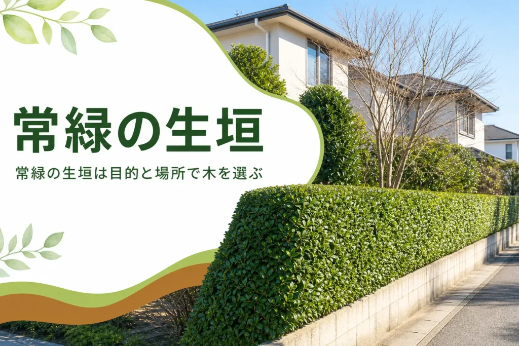 常緑の生垣に向く木の選び方と落ち葉の見通しを解説する記事のアイキャッチ
