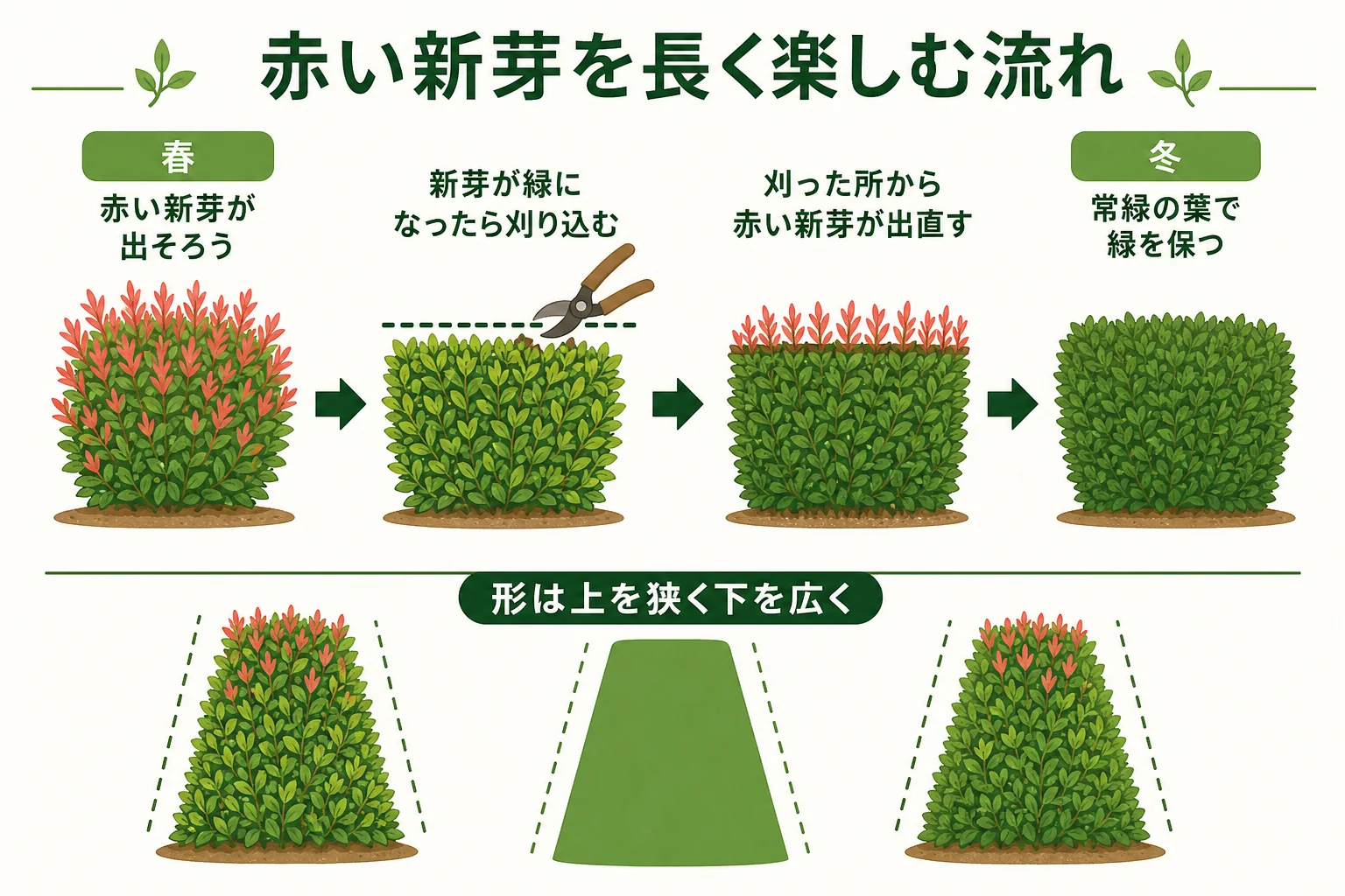 ベニカナメモチの生垣で、春の赤い新芽、刈り込み、もう一度出る赤い新芽、緑の葉へと移り変わる流れを示した図解