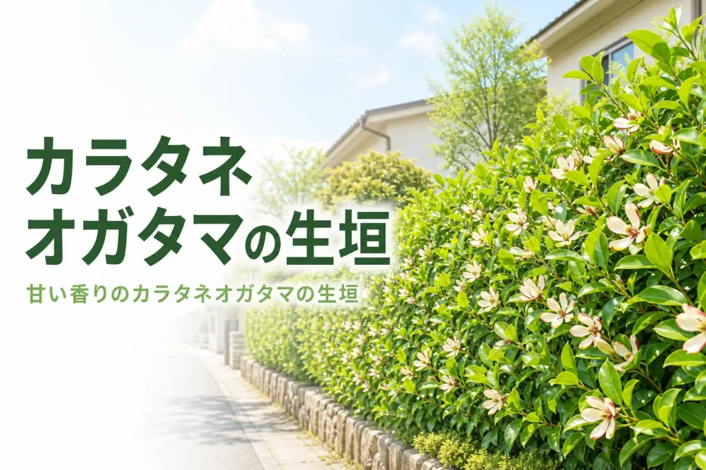 甘い香りの花が咲く常緑樹カラタネオガタマの生垣を紹介する記事のアイキャッチ
